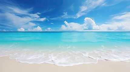 Poster - Panorama of a beautiful white sand beach and turquoise water in Maldives. Holiday summer beach background.. Wave of the sea on the sand beach.