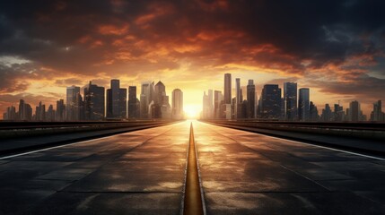 Fototapete - Modern city skyline and buildings with empty asphalt road at sunset