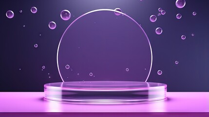 Poster - Podium with water drops or air bubbles isolated on purple background. Mock up blank abstract geometric stage, platform with soap spheres for product ad presentation cosmetics Realistic 3d illustration