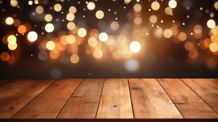 Poster - image of wooden table in front of abstract blurred background of resturant lights