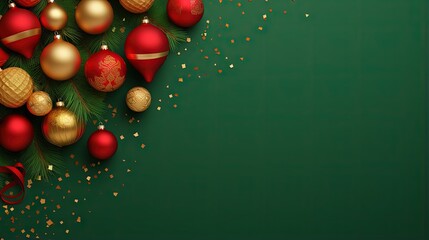 Sticker - Square banner with gold and red Christmas symbols and text. Christmas tree, balls, golden tinsel confetti and snowflakes on green background. Header for website template.