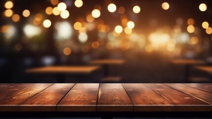 Poster - image of wooden table in front of abstract blurred background of resturant lights