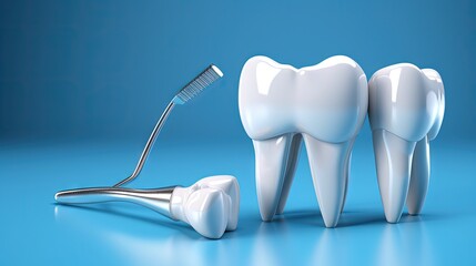 Wall Mural - Teeth model and dentist tool on blue background