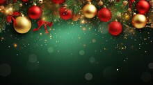 Square Banner With Gold And Red Christmas Symbols And Text. Christmas Tree, Balls, Golden Tinsel Confetti And Snowflakes On Green Background. Header For Website Template.