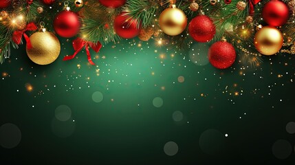 Leinwandbilder - Square banner with gold and red Christmas symbols and text. Christmas tree, balls, golden tinsel confetti and snowflakes on green background. Header for website template.