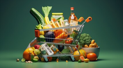 Wall Mural - Shopping cart full of food and smartphone. Grocery market shop, food and eats online ordering, buying and delivery concept. 3d illustration