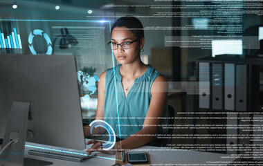 Aufkleber - Computer hologram hud, chart or woman review finance work, stock market database or futuristic night overlay. Forex ui investment, online data analysis or African trader trading NFT or bitcoin crypto