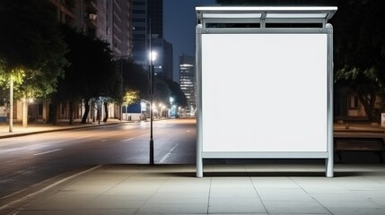 Leinwandbilder - White blank vertical billboard at the bus stop on the city street. In the background of buses and roads. Sketch. Poster on the street next to the road