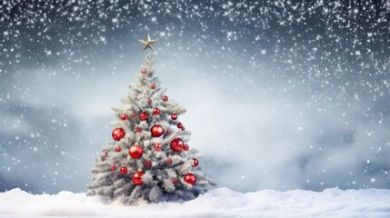 Fototapete - decorated fir tree in snowy landscape, beautiful christmas tree with red balls on abstract winter background with advertising space, white snowflakes in front of the silver sky