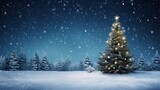 Fototapeta Natura - Snowy Xmas tree with garland lights - festive Christmas background for new year's winter art design