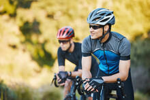 Men, Outdoor And Mountain Bike For Friends, Vision And Thinking With Training, Exercise Or Happy In Summer. Cyclist Athlete, Teamwork And Bicycle For Journey, Workout Or Adventure In Woods With Smile