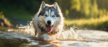 Close Up Siberian Husky Dog Portrait With A River Landscape Backdrop Capturing The Energetic Canine Bounding Along The River S Edge