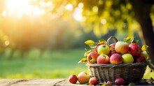 Apples In A Basket On The Table With Copy Space,Fresh Red And Green Apples On Wooden Table And On Tree Branches. Autumn And Harvest Concept. Apple Garden.