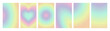 Y2k blurred gradient poster set. Holographic vector background with colored rainbow green, yellow, orange, red, pink, blue heart, sun, abstract geometric shape in trendy 90s, 00s psychedelic style 