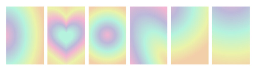 Aufkleber - Y2k blurred gradient poster set. Holographic vector background with colored rainbow green, yellow, orange, red, pink, blue heart, sun, abstract geometric shape in trendy 90s, 00s psychedelic style 