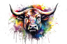 Painting Of A Bull Head On White Background. Wildlife Animals.