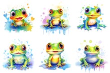 A Set Of Six Pictures Of A Frog, Watercolor Clipart On White Background.