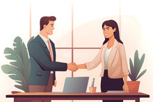 Illustration Of Happy Mid Aged Business Woman Manager Handshaking Greeting Client In Office. Smiling Female Executive Making Successful Deal With Partner Shaking Hand At Work Standing At Meeting Table