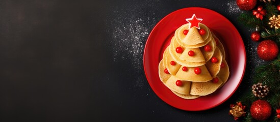 Festive homemade pancakes or crepes in the shape of Christmas and New Year trees adorned with red caviar on a dark background The food is meant to be enjoyed during the holidays especially b