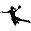 Black silhouette of a women's handball team player who rushes and swings to throw the ball at the target