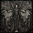 Angel, black and white illustration, woodcut style, AI generated Image