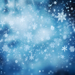 Soft blue snowfall Winter background, ice crystal snowflake in the snow with copy space. Snowflake shaped bokeh. Combined with blue background.