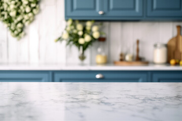 Aufkleber - Close up of white marble table with blurred modern kitchen set blue color background. High quality photo