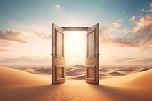 Opened Door On Desert. This Is A 3d Illustration. Unknown And Start Up Concept