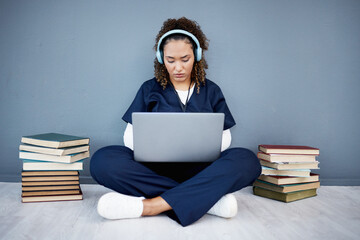 Poster - Doctor, laptop or headphones of hospital music, podcast or radio in woman study research or mock up learning by wall. Thinking, technology or medical student listening to healthcare audio for books