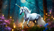 Unicornio galopando en bosque fantástico con flores y luciérnagas