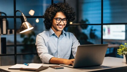 Smiling young curly indian latin ethnic business man or student wearing glasses remote working overtime, learning online late at night at home or in dark office using laptop computer at workplace