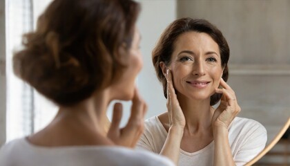 Happy 50s middle aged woman model touching face skin looking in mirror reflection. Smiling mature old lady pampering, healthy moisturized skin care, aging beauty, skincare treatment cosmetics concept