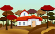 Illustration of red roof hut on the autumn season
