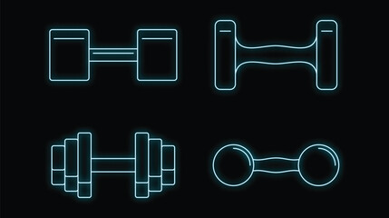 Poster - Hand dumbbell icon set. Outline set of hand dumbbell vector icons neon color on black