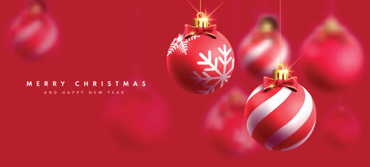 Wall Mural - merry christmas greeting text vector design. christmas red balls hanging ornaments in elegant red gr