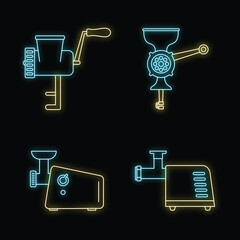 Poster - Meat grinder tool icon set. Outline set of meat grinder tool vector icons neon color on black