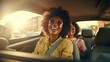 Youthful african lady driving the car with her companions having fun within the car. Insane youthful female companions having parcels of fun on street trip