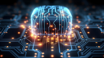 Wall Mural - neural circuit and electronic cyber brain in a quantum computing system, artificial intelligence tec