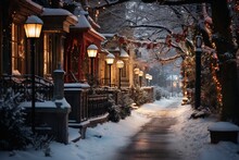 City Street In Winter, Exteriors Of Houses Decorated For Christmas Or New Year's Holiday, Snow, Street Lights, Festive Environment