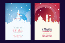 Catania City Poster With Christmas Skyline, Cityscape, Landmarks. Winter Italy Holiday, New Year Vertical Vector Layout For Brochure, Website, Flyer, Leaflet, Card