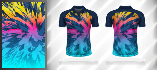 Wall Mural - Vector sport pattern design template for Polo T-shirt front and back with short sleeve view mockup. Dark and light shades of blue with yellow-pink color gradient abstract grunge texture background.