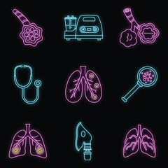 Wall Mural - Pneumonia disease icon set. Outline set of pneumonia disease vector icons neon color on black