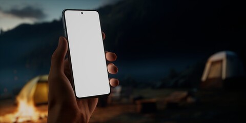 CU Caucasian male using his phone near campsite in the evening, screen mockup