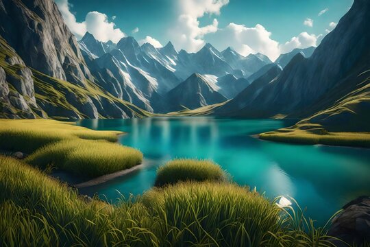 lake and mountains with grass