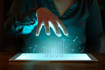 Aufkleber - Hand, tablet and hologram graph in night at office for fintech, cybersecurity and data analytics at desk. Woman, finance expert and 3d holographic chart for growth, stock market research and software