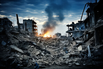 Destroyed city, explosion in the background. Piles of destroyed concrete blocks of house walls and mangled metal, dramatic sky. Concept of military confrontation. World war and apocalypse concept.