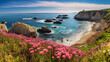 Monterey Bay, California, with flowers and rocky shore.