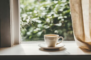 Wall Mural - Winter morning brew. Cozy coffee cup by window. Festive aroma. Hot drink in wooden setting on cold day. Autumnal bliss. Wood table in nature embrace with hot beverage