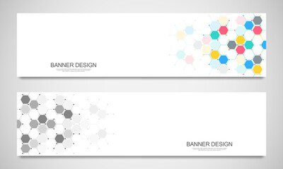 Wall Mural - Banner design templates and headers for site with molecular structures background and chemical engineering. Science, medicine and innovation technology concept.