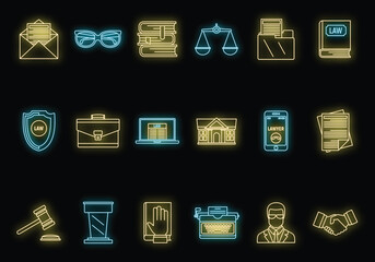 Wall Mural - Lawyer justice icons set. Outline set of lawyer justice vector icons neon color on black